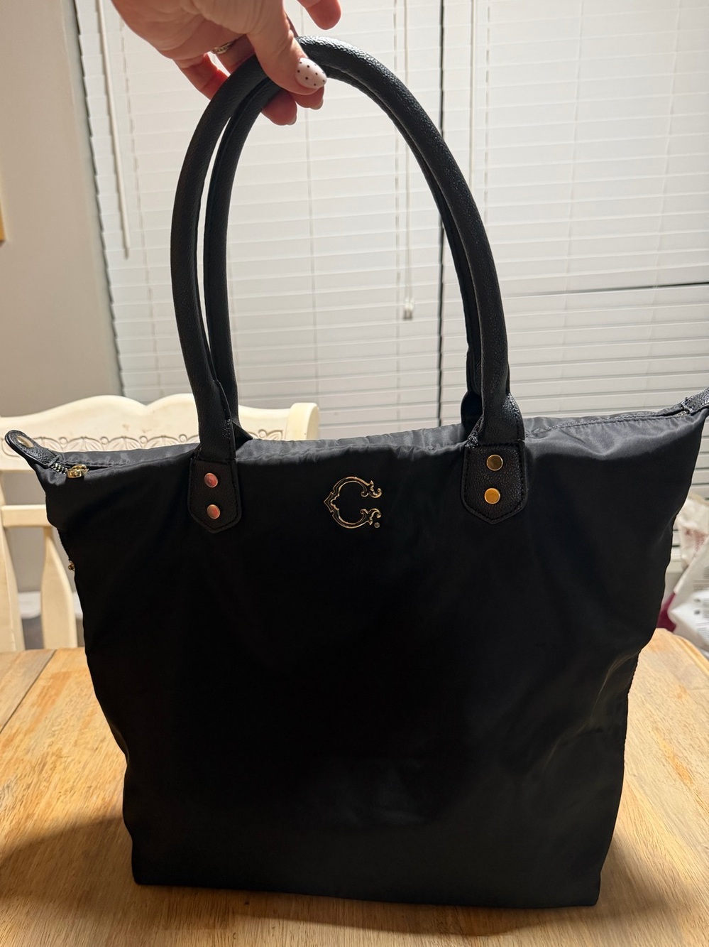 C. Wonder Black Nylon Tote Bag Gold Hardware Zip Top Shoulder Purse